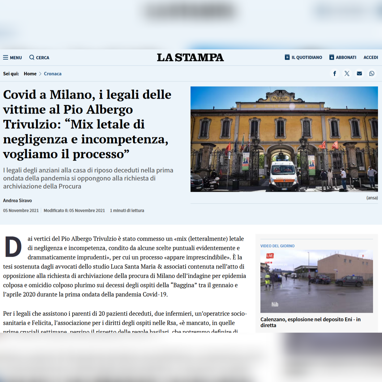Covid v Milanu, odvetniki žrtev v Pio Albergo Trivulzio: 'Smrtonosna mešanica malomarnosti in nesposobnosti, želimo sojenje'