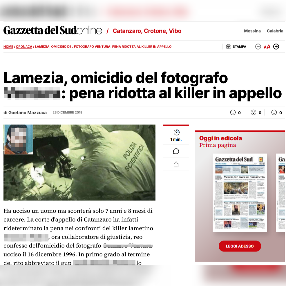 Lamezia, umor fotografa Venture: znižana kazen za morilca na pritožbi